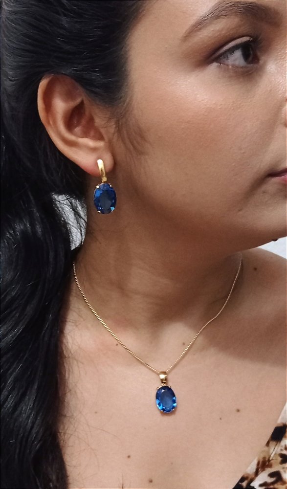 Colar E Brinco Banhado a Ouro 18k De Zircônia Azul Safira ML76