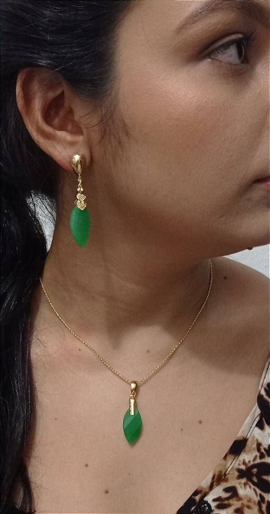 Colar E Brinco Banhado A Ouro 18k De Frizita Verde Claro ML78