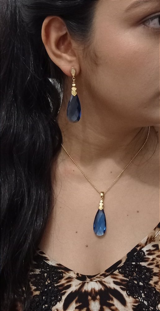Colar E Brinco Banhado Ouro 18k De Zircônia Azul Escuro ML87