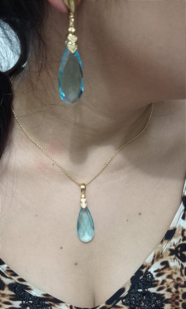 Colar E Brinco Banhado a Ouro 18k De Zircônia Azul Claro ML85