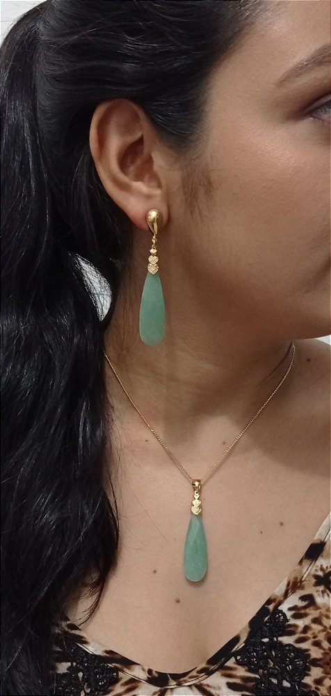 Colar E Brinco Banhado A Ouro 18k De Quartzo Verde ML84