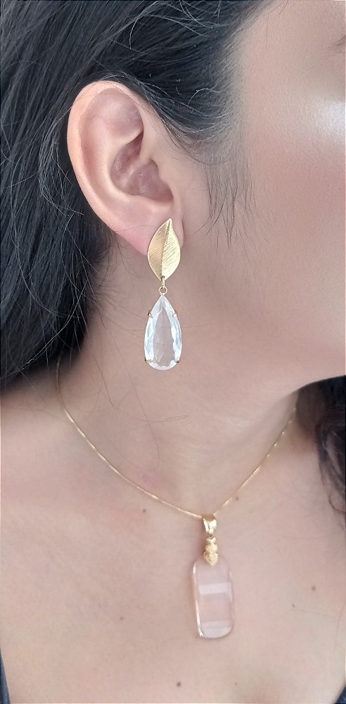 Colar E Brinco Banhado A Ouro 18k De Quartzo Rosa ML93