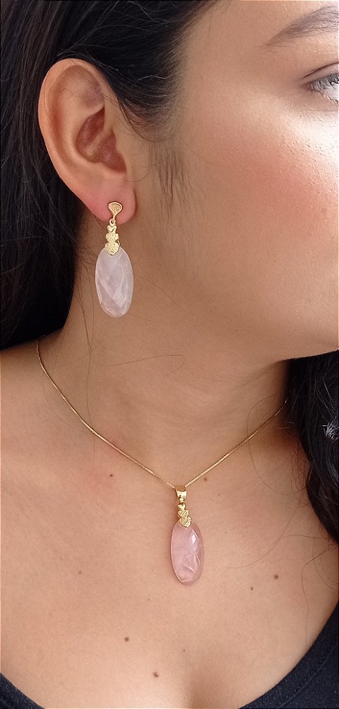 Colar E Brinco Banhado A Ouro 18k De Quartzo Rosa. ML95