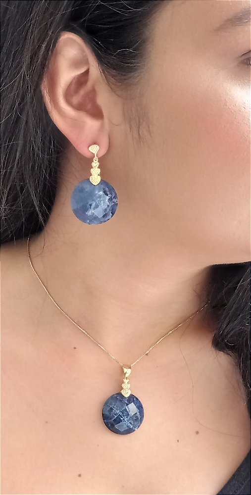 Conjunto Banhado A Ouro 18k De Quartzo Sodalita ML96