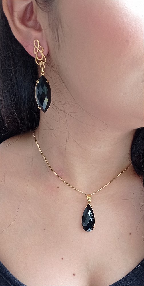 Colar E Brinco Banhado A Ouro 18k De Ônix Preto. ML97