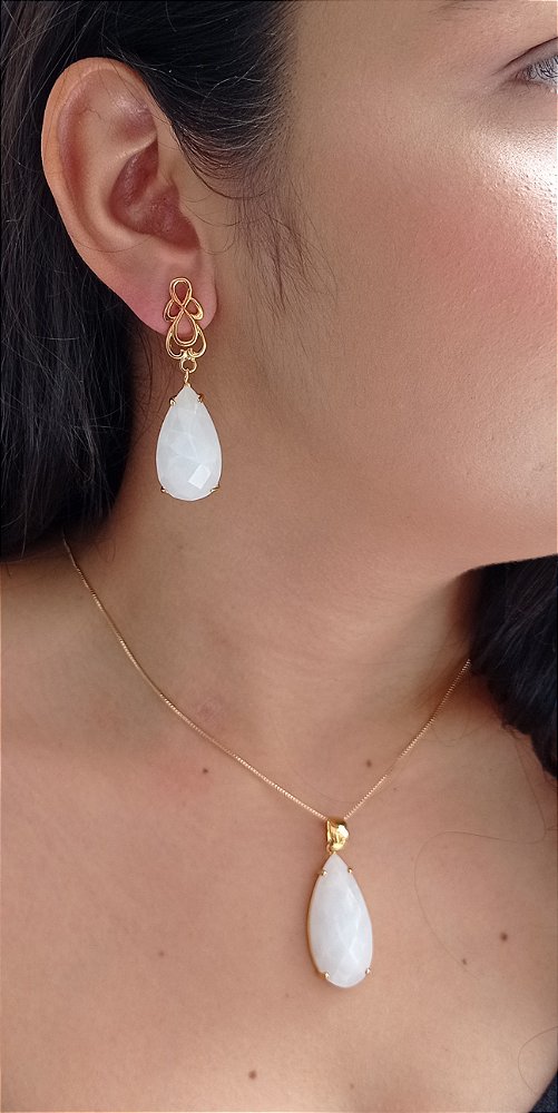 Colar E Brinco Banhado Ouro 18k Quartzo Branco Leitoso ML100