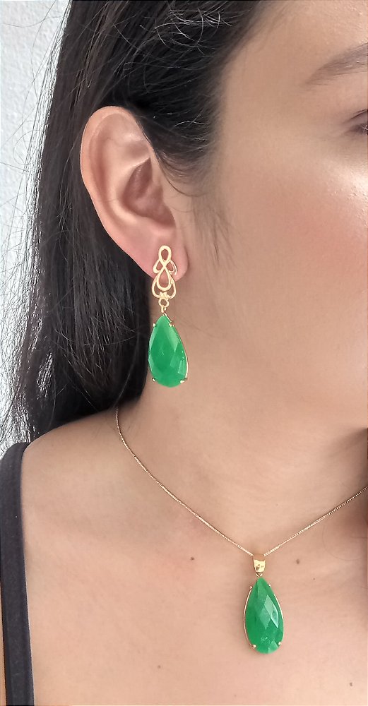 Colar E Brinco Banhado A Ouro 18k De Frizita Verde ML101
