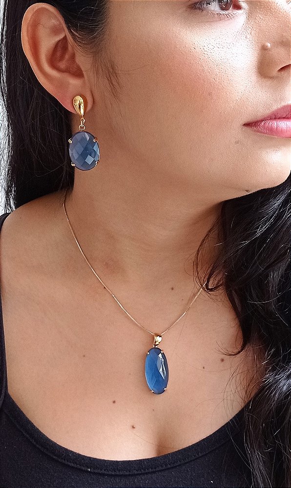 Colar E Brinco Banhado A Ouro 18k De Zircônia Azul ML104