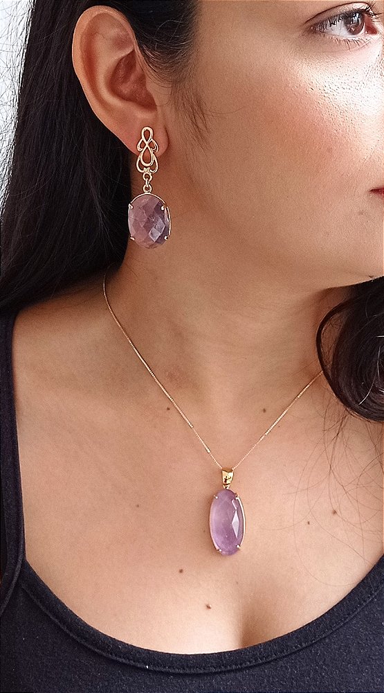 Colar E Brinco Banhado A Ouro 18k De Ametista ML105