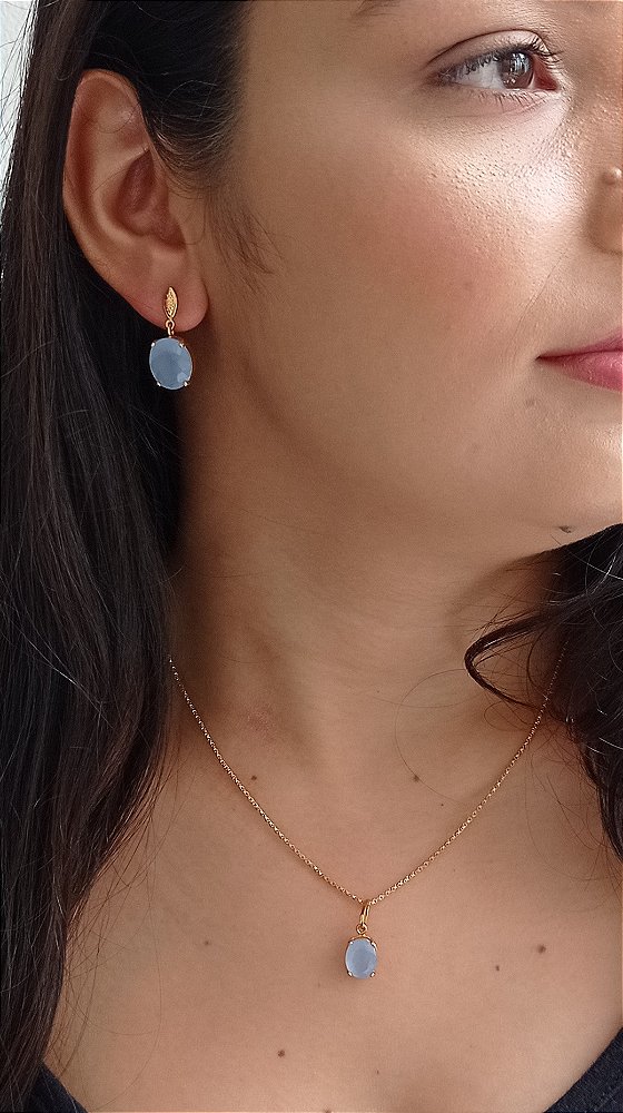 Colar E Brinco Banhado Ouro 18k Calcedônia Azul Natural ML107