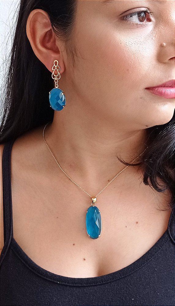 Colar E Brinco Banhado A Ouro 18k De Zircônia Azul Sky ML106