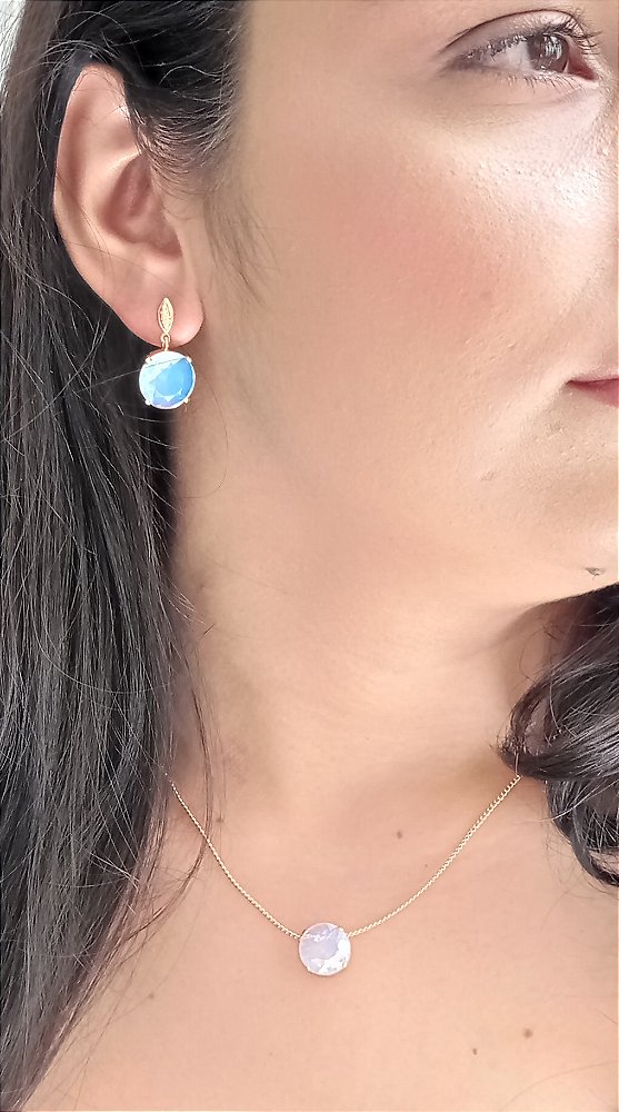 Colar E Brinco Banhado A Ouro 18k Opalina/ Pedra Da Lua ML109