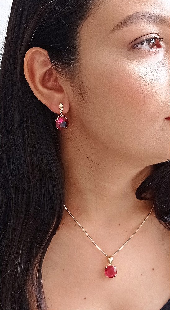 Colar E Brinco Banhado Ouro 18k De Zircônia Rosa Escuro 112