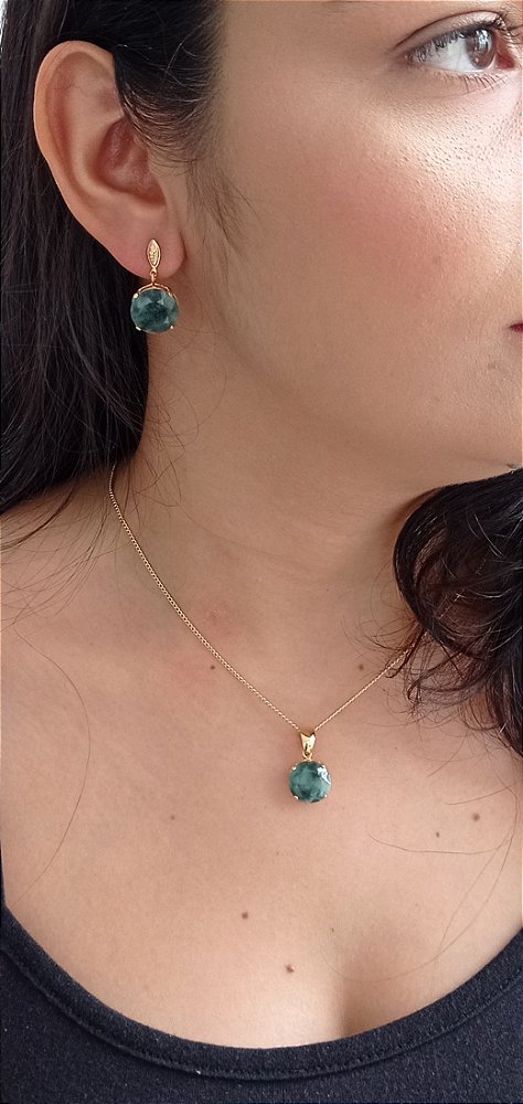 Colar E Brinco Banhado A Ouro 18k De Esmeralda Biriba ML113