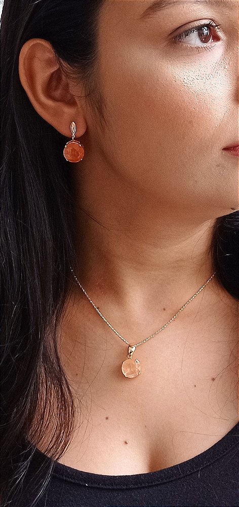 Colar E Brinco Banhado A Ouro 18k De Cornalina Natural ML119