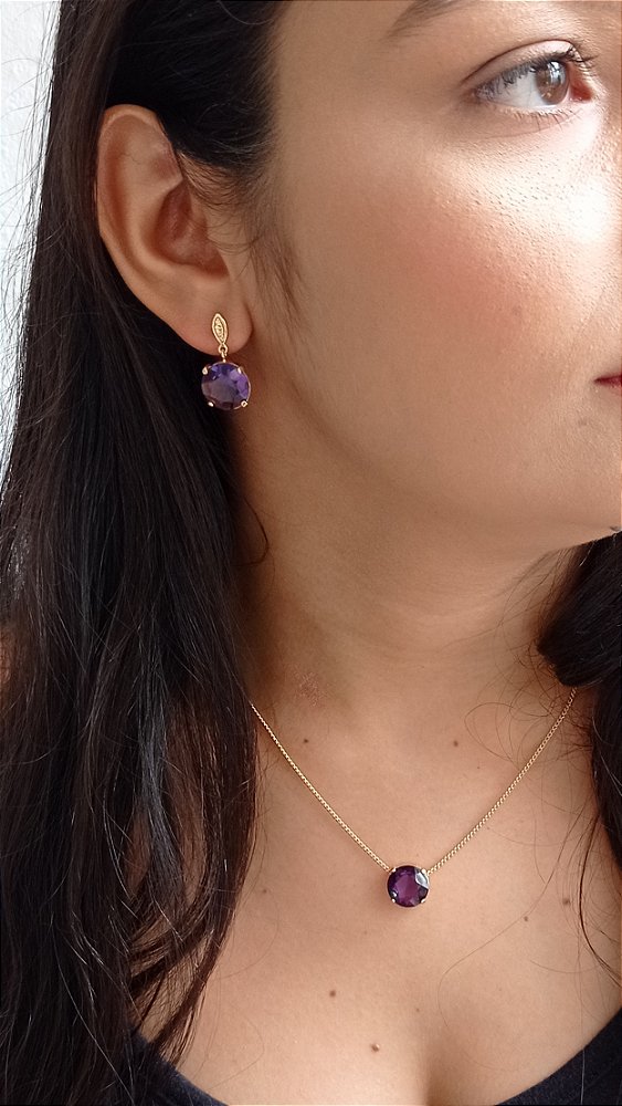 Colar e Brinco banhado a ouro 18k de Zircônia Roxa. ML120