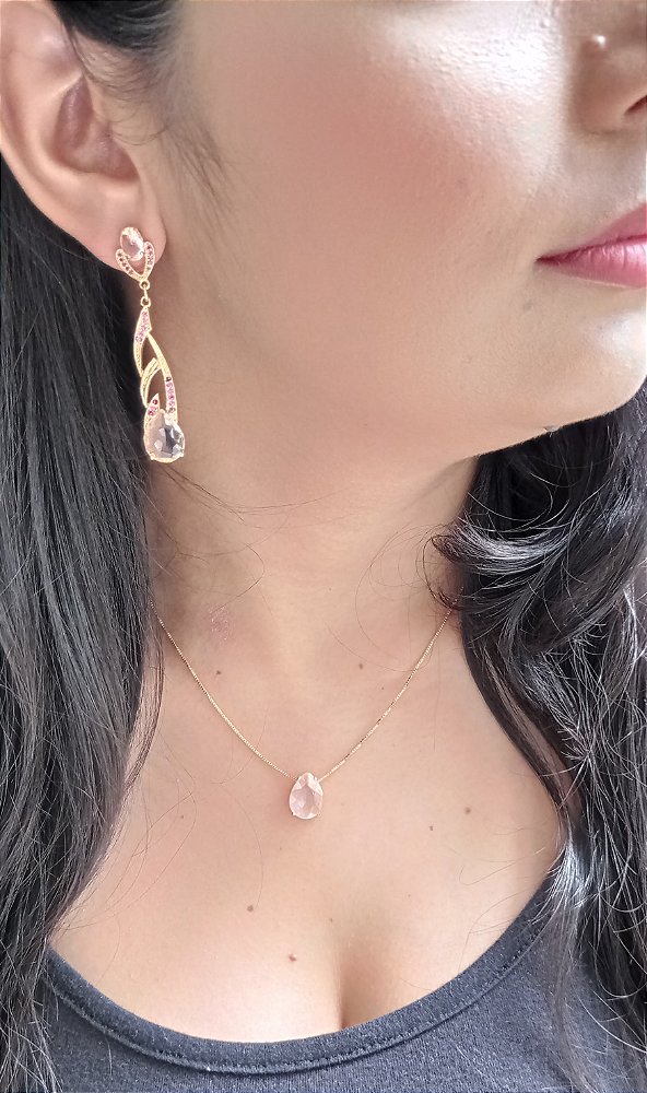 Colar E Brinco Banhado A Ouro 18k De Quartzo Rosa ML123