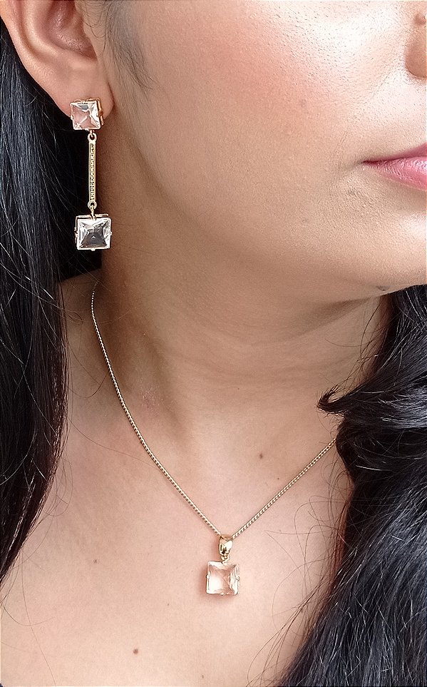 Colar E Brinco Banhado A Ouro 18k De Cristal Príncipe ML127