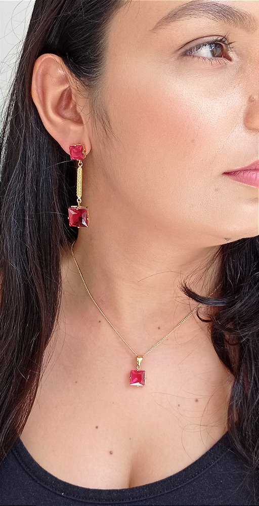 Colar E Brinco Banhado Ouro 18k De Zircônia Rosa Escuro ML128