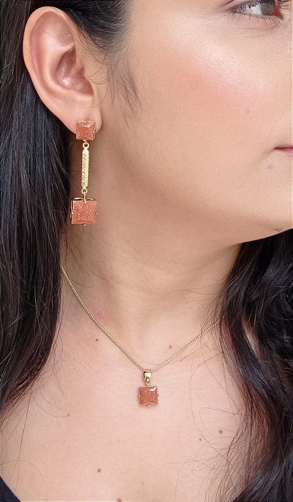 Colar E Brinco Banhado A Ouro 18k De Pedra Do Sol ML129