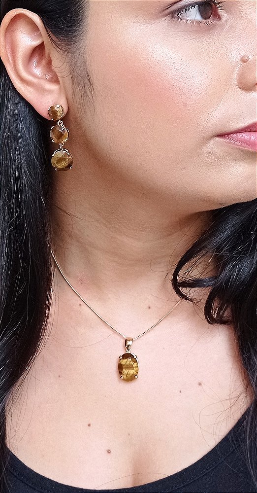 Colar E Brinco Banhado A Ouro 18k De Olho De Tigre ML130