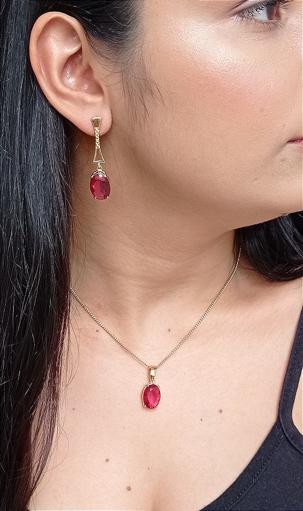Colar E Brinco Folheado Ouro 18k De Zircônia Rosa Escuro ML134