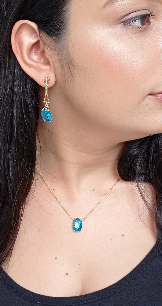 Colar E Brinco Banhado A Ouro 18k De Zircônia Azul Sky ML135