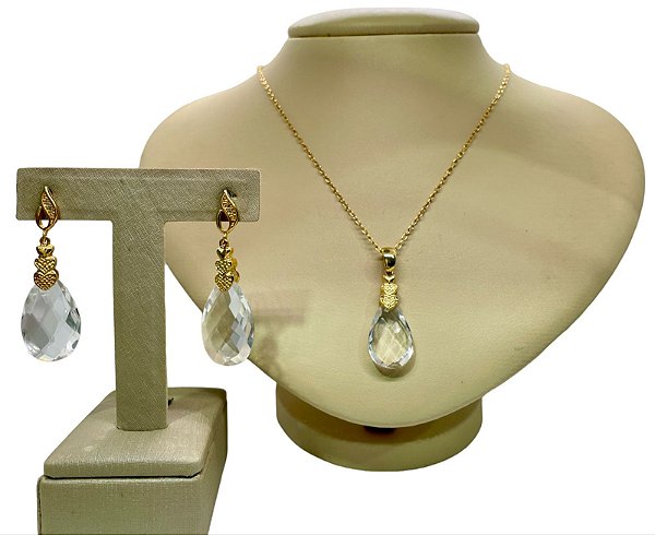 Colar e Brinco banhado a ouro 18k de Cristal. ML137