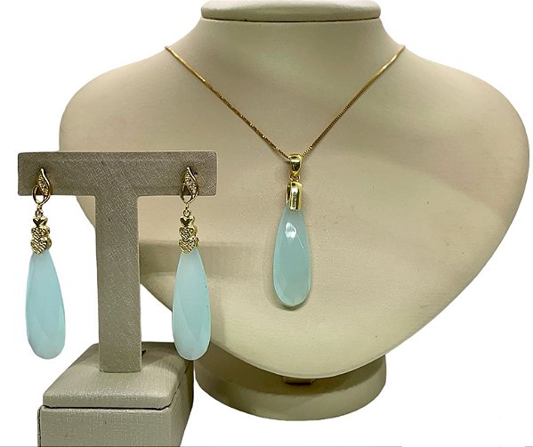 Colar e Brinco banhado a ouro 18k de Água Marinha Gota ML138