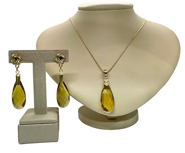 Colar e Brinco banhado a ouro 18 de Citrino Gota ML140
