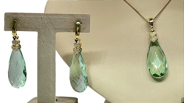 Colar e Brinco banhado a ouro 18k de Zircônia Verde ML144