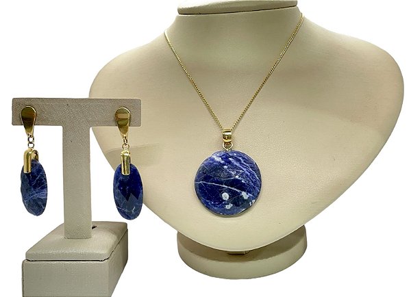 Colar e Brinco banhado a ouro 18k de Sodalita ML146