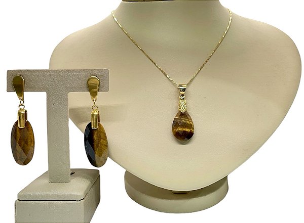 Colar e Brinco banhado a ouro 18k de Olho De Tigre ML147