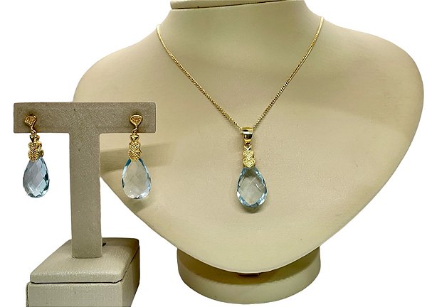 Colar e Brinco banhado a ouro 18k de Tópazio azul ML150