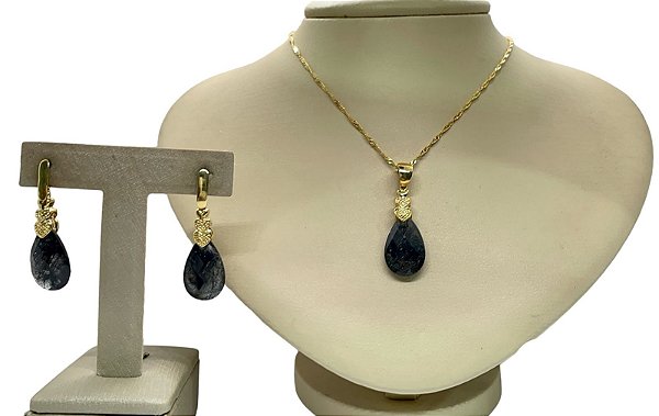 Colar e Brinco banhado a ouro 18k de Grafite ML153