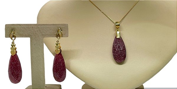 Colar e Brinco banhado a ouro 18k de Quartzo Morango ML139