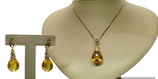 Colar e Brinco banhado a ouro 18k de Citrino. ML155