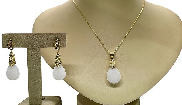 Colar e Brinco banhado a ouro 18k de Quartzo Branco ML157