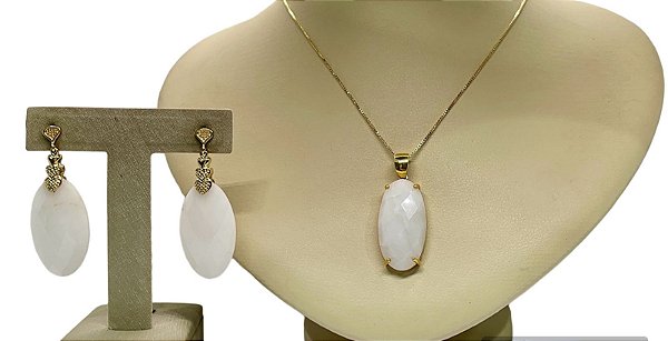 Colar e Brinco banhado a ouro 18k de Quartzo Branco. ML158