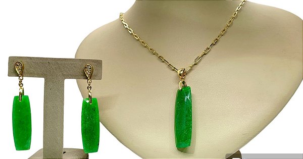 Colar e Brinco banhado a ouro 18k de Frizita Verde ML160