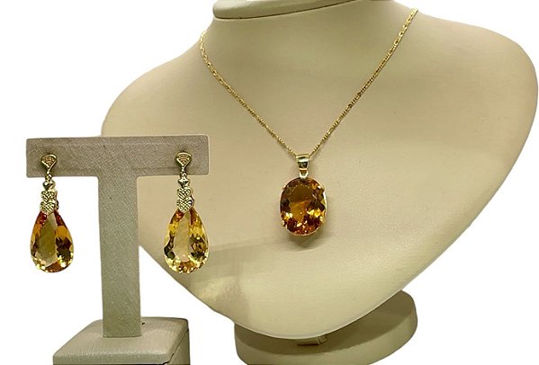 Colar e Brinco banhado a ouro 18k de Citrino. ML161