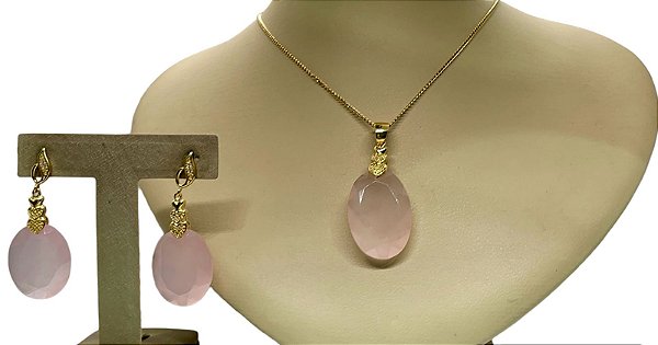 Colar e Brinco banhado a ouro 18k de Quartzo Rosa ML162