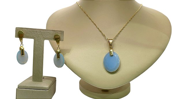 Colar e Brinco banhado a ouro 18k de opala Azul ML163