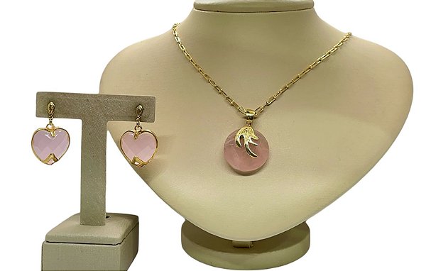 Colar e Brinco banhado a ouro 18k de Quartzo Rosa Coração.  ML166