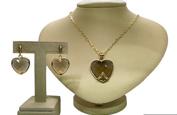 Colar e Brinco banhado a ouro 18k de Quartzo Fumê Coração. ML167