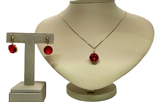 Colar e Brinco banhado a ouro 18k de Zircônia Vermelha ML170