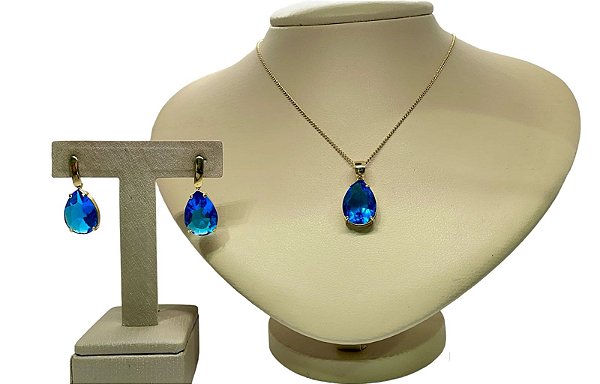 Colar e Brinco banhado a ouro 18k de Zircônia Azul Escuro ML174
