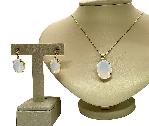 Colar e Brinco banhado a ouro 18k de Pedra Da Lua Opalina ML177