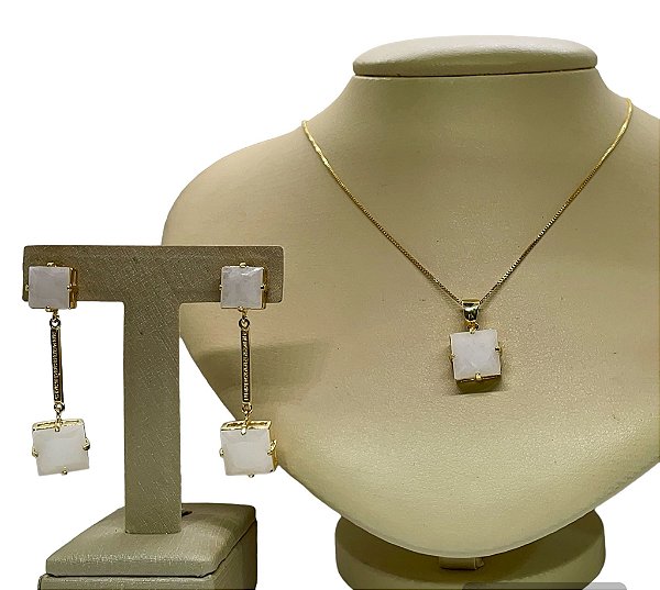 Colar e Brinco banhado a ouro 18k de Quartzo Branco Leitoso ML181