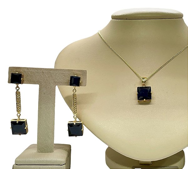 Colar e Brinco banhado a ouro 18k de Ônix. ML183
